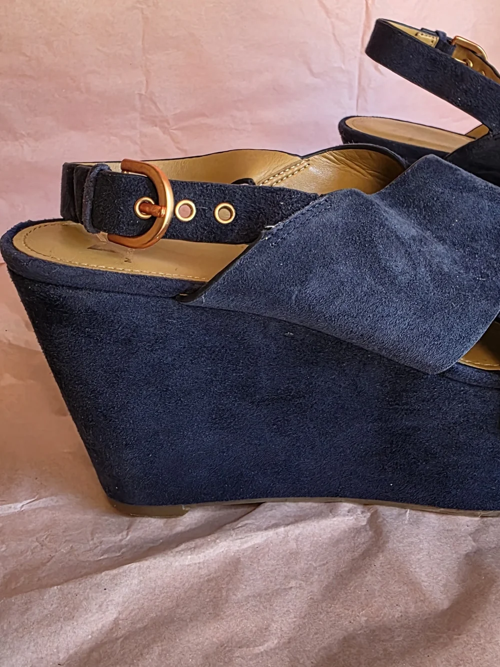 Marc Fisher Navy Suede Platform Wedge Sandals with Copper Studs